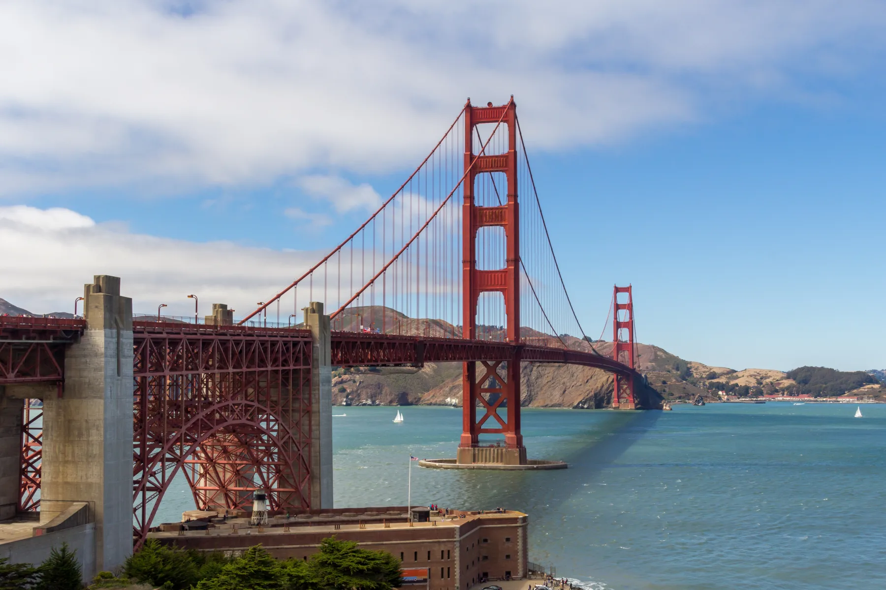 Golden Gate Bridge spanning the strait beneath a blue sky